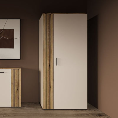 Armadio Frezo08 2 ante battenti con dettaglio a listelli verticali colore cashmere e rovere evoque