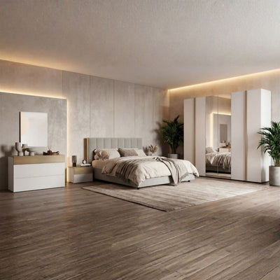 Camera da letto Amor con armadio 6 ante con specchio e letto imbottito con contenitore colore bianco e dettagli rovere