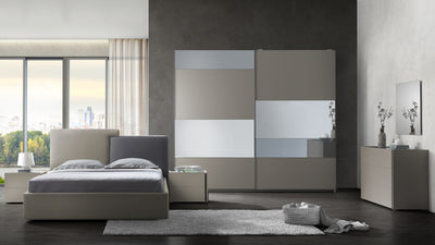 Camera da letto Liana colore canapa con letto contenitore e testiera grigio tortora