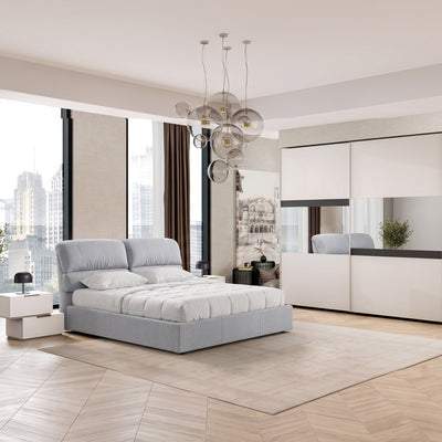 Camera Milva con letto contenitore Sofaback grigio chiaro e armadio scorrevole 2 ante specchiate in cashmere e antracite