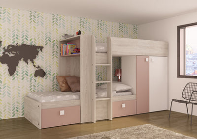 Cameretta 1262 con letto a castello con due cassettoni e armadio reversibile colore bianco consumato e rosa antico