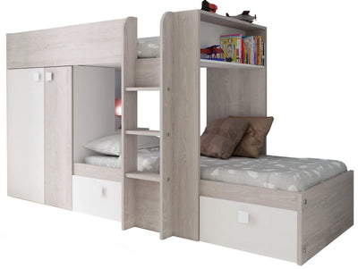 Cameretta 1266 con letto a castello con due cassettoni e armadio reversibile colore bianco vintage