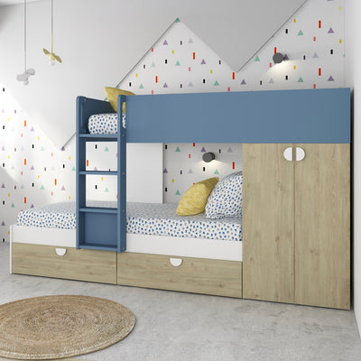 Cameretta con letto a castello con cassettoni e armadio reversibile colore rovere e azzurro