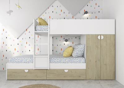 Cameretta con letto a castello con cassettoni e armadio reversibile colore rovere e bianco