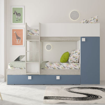 Cameretta con letto a castello e letto estraibile con armadio integrato colore bianco consumato e azzurro reversibile