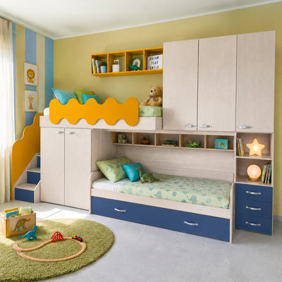 Cameretta soppalco Milly con 3 letti colore kiri avio giallo