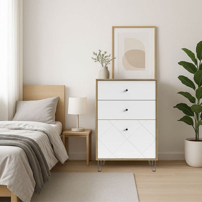 Cassettiera Bollo BO18 2 cassetti e un cassetto con anta a ribalta con dettaglio geometrico colore rovere artisan e bianco