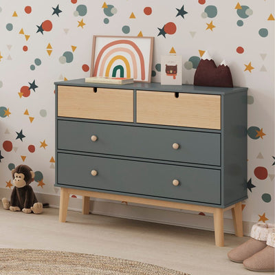 Cassettiera Estefania in legno massiccio con 2 cassetti verde cachi e 2 cassettini pino