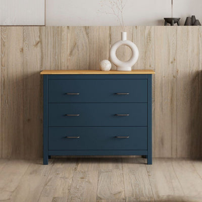 Comò Miranda 3 cassetti in legno massiccio blu e top pino