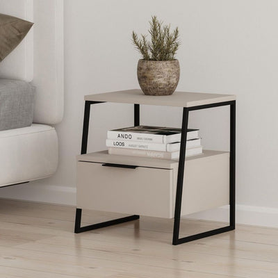 Comodino Pal con struttura cashmere e gambe in metallo nero