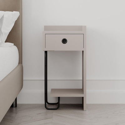 Comodino Sirius con cassetto tortora e gamba in metallo nero destro