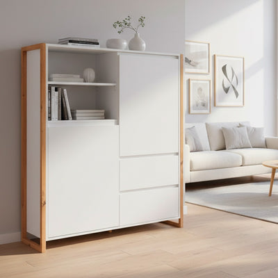 Credenza alta New Denver51 con vani a giorno due ante e due cassetti colore bianco e rovere