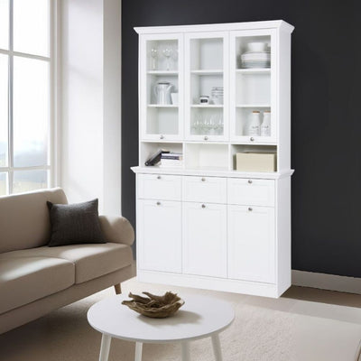 Credenza con vetrina Landwood50 3 ante vetro superiori 3 ante inferiori vani a giorno e 3 cassetti in bianco