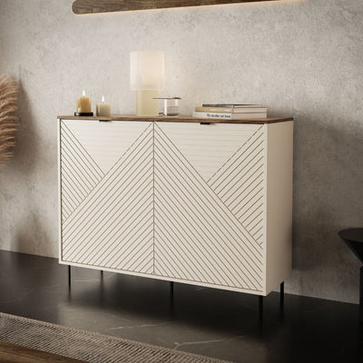 Credenza Mirage01 con 2 ante cashmere con motivo geometrico e top rovere