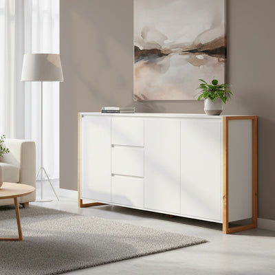 Credenza New Denver3 con 3 cassetti e 3 ante battenti in bianco e rovere