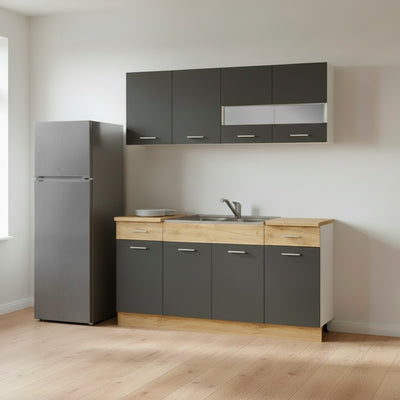 Cucina monoblocco 160 cm Erika in colore grigio matera e rovere con fianchi bianchi