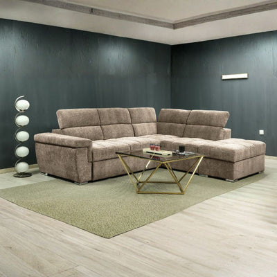 Divano letto angolare reversibile Amalfi con 5 poggiatesta regolabili e pouf indipendente in tessuto Giulia 9703 cappuccino