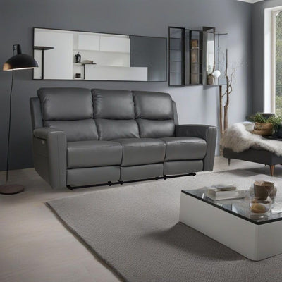 Divano recliner elettrici Claus 3 posti in vera pelle colore grigio scuro