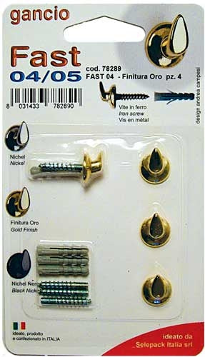 Gancio fast con tassello mm.4, oro lucido,in blister da 4 pezzi