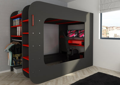 Letto a soppalco 5000 con postazione gamer reversibile antracite rosso