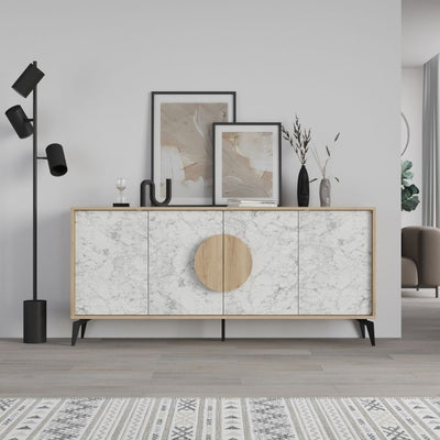 Madia Gora 180 cm struttura colore rovere con ante carrara effetto marmo bianco