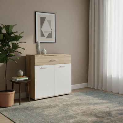 Mobile multiuso Irys con 2 ante e un cassetto colore bianco e rovere sonoma