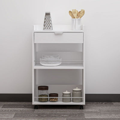 Mobile multiuso Liana con 2 nicchie a giorno e un cassetto colore bianco con rotelle