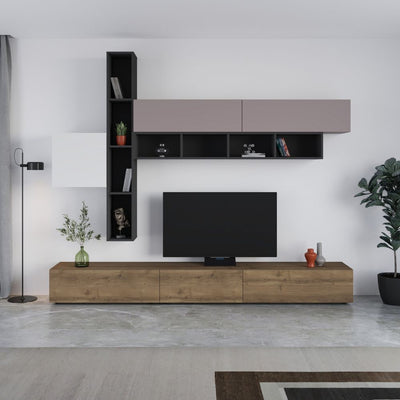 Parete attrezzata Fashion base colore hitit noce e pensili antracite, bianco e tortora H 205x40x275 cm.