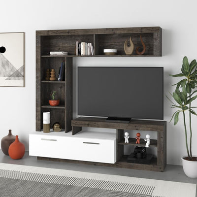 Parete attrezzata Leo con nicchie a giorno e anta a ribalta colore dark coffee e bianco