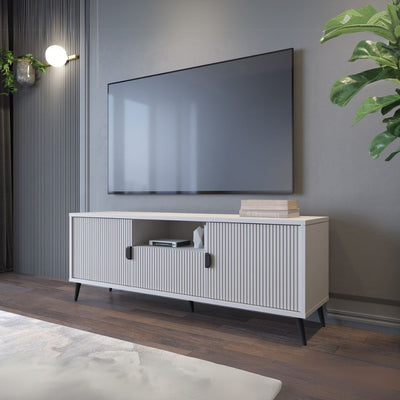 Porta tv Lotus 2 ante effetto cannettato colore cashmere con piedi e maniglie nere