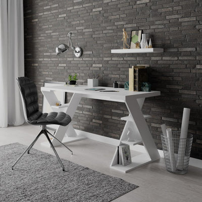 Scrivania Papillon con ripiani sulle gambe colore bianco