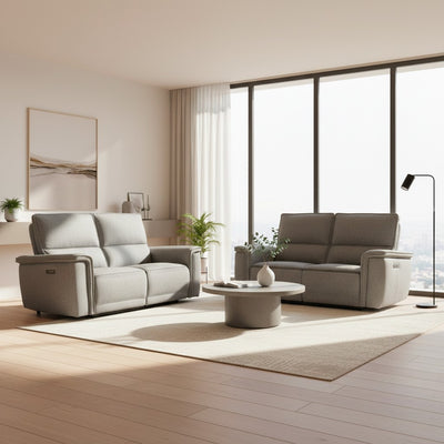 Set divani recliner Velveta 2 e 3 posti elettrici in tessuto L008 grigio