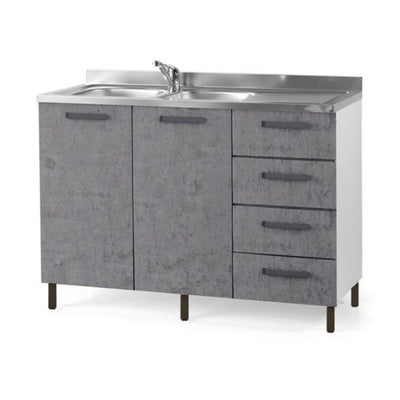 Sottolavello con cassettiera 120x50x85H cemento con lavello 2 vasche e gocciolatoio destro lavello incluso