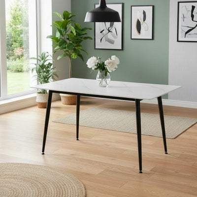 Tavolo fisso Kilo 140x80 cm. con piano in ceramica effetto marmo bianco opaco e gambe nere