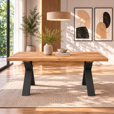Tavolo Milonga410 160x90 cm. allungabile 410 cm. con piano in rovere nodatoe gambe incrociate antracite