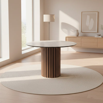 Tavolo Olympus con piano effetto marmo bianco mola e struttura in legno e nero