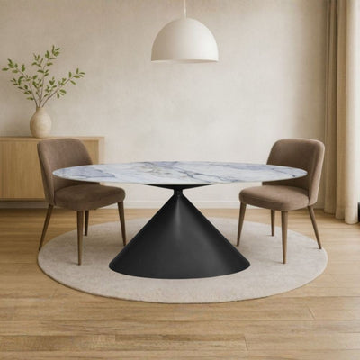 Tavolo ovale fisso Punto con piano effetto marmo con dettagli blu lucido 200x80xH76 cm.