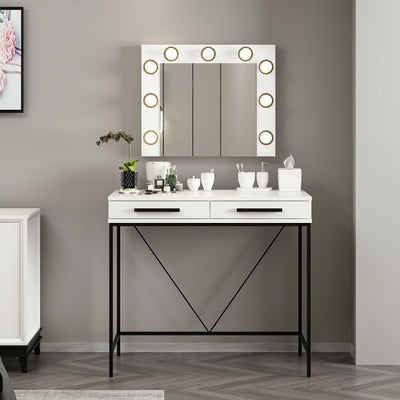 Toeletta da trucco Sane con 2 cassetti bianco con piedi neri e specchio con luci LED lampadine escluse