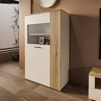 Vetrina Frezo06 con 2 ante con dettaglio a listelli verticali colore cashmere e rovere evoque