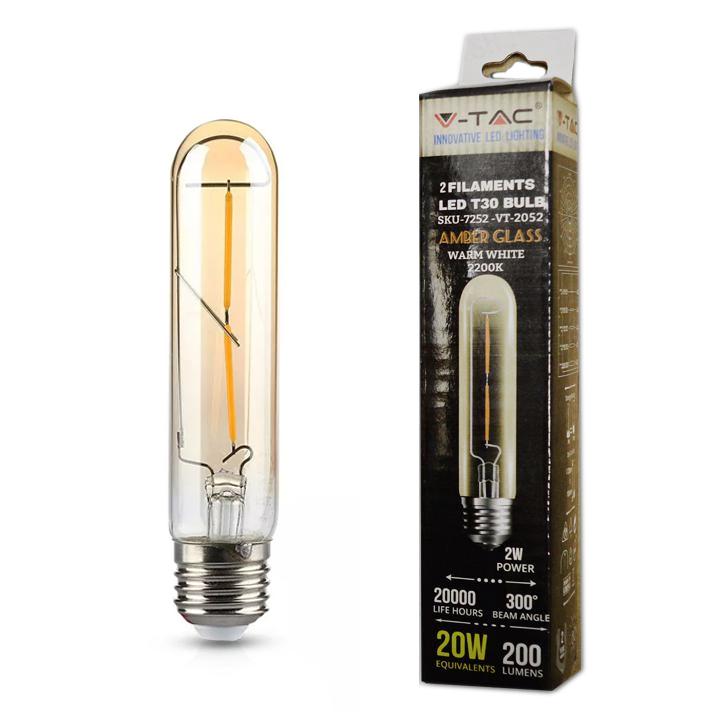 LAMPADINA LED - 2W T30 E27 FILAMENTO AMBRA BIANCO CALDO 2200K