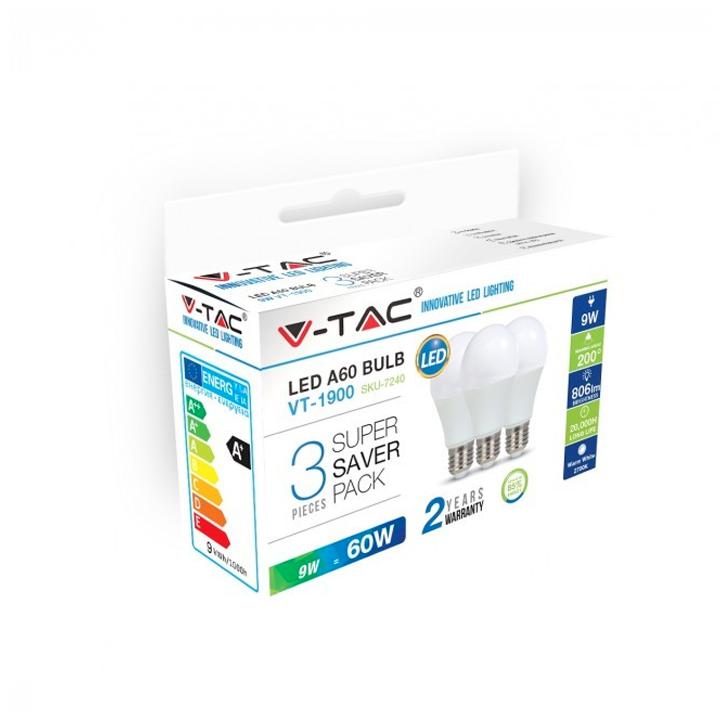 LAMPADINA LED - 9W E27 A60 TERMOPLASTICO BIANCO NATURALE 3PZ 4000K