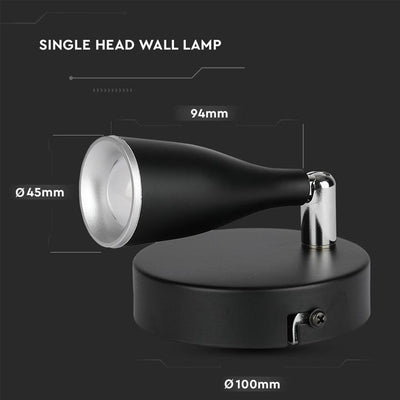 4.5W LED LAMPADA DA PARETE  LUCE BIANCO CALDO CORPO NERO 3000K