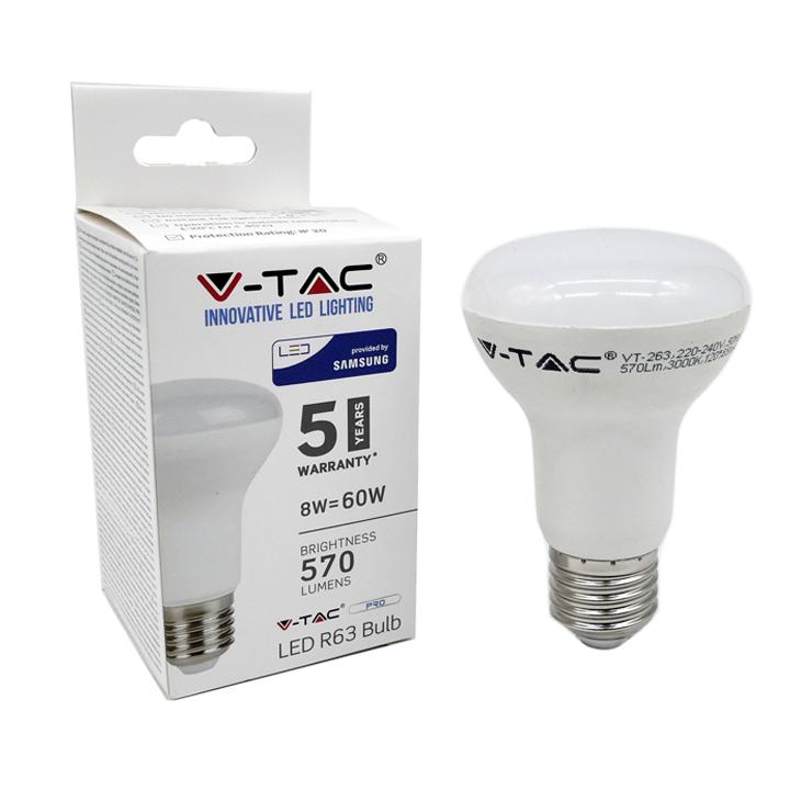 LAMPADINA LED - SAMSUNG CHIP 8W E27 R63 PLASTICA BIANCO CALDO 3000K