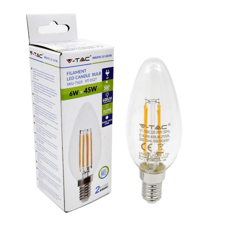 LED LAMPADINA - 6W FILAMENTO E14 CLEAR COVER CANDLE 6400K