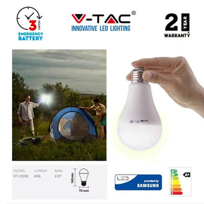 LED LAMPADINA SAMSUNG CHIP 9W E27 EMERGENZA 3000K 3 ORE BATTERIA