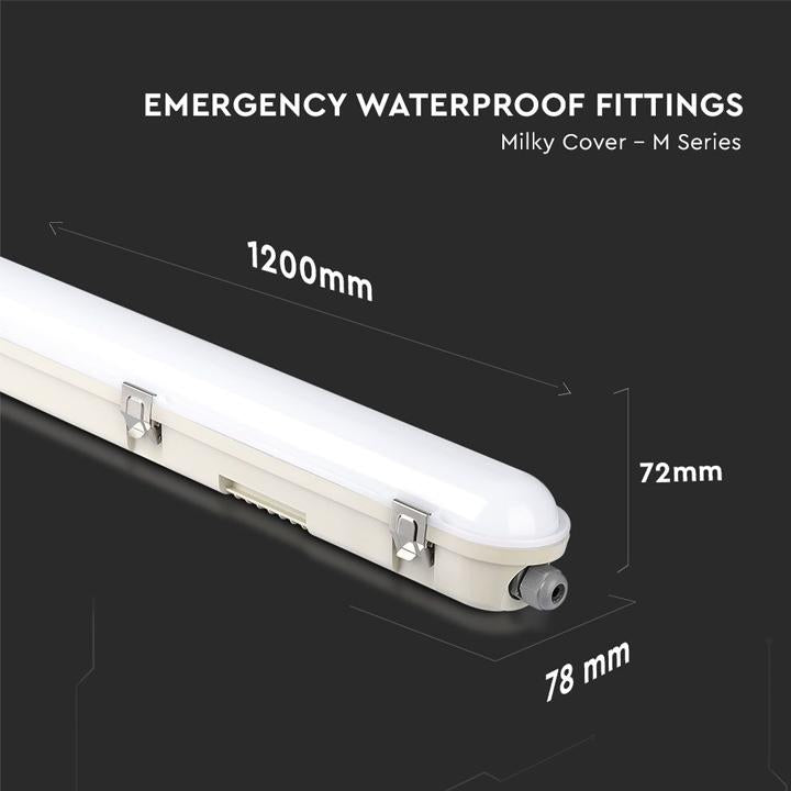 LED PLAFONIERA IMPERMEABILE M-SERIES 1200MM 36W 4000K KIT BATTERIA DI EMERGENZA INCORPORATO PC/PC SS CLIP 120 LM/W