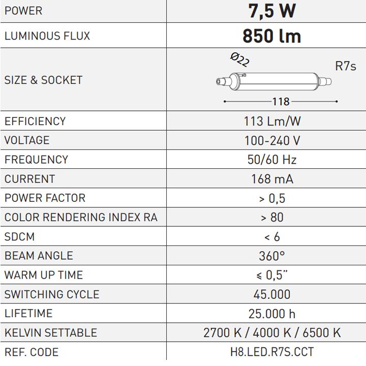 LAMPADINA LED R7S 7,5W CCT SET 2700/4000/6500K 118MM
