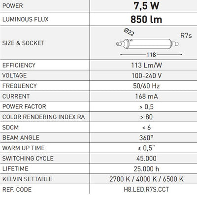 LAMPADINA LED R7S 7,5W CCT SET 2700/4000/6500K 118MM
