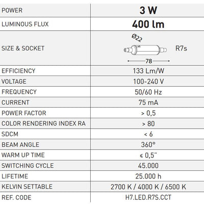 LAMPADINA LED R7S 3,5W CCT    2700/4000/6500K 78MM
