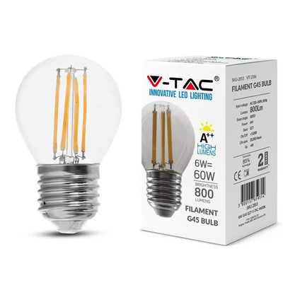 LED LAMPADINA 6W FILAMENTO E27 G45 TRASPARENTE 4000K 130LM/W